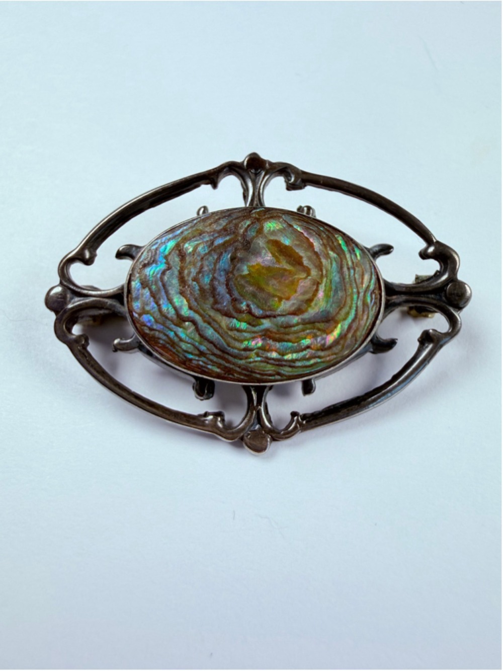 Antique Art Nouveau Iridescent Abalone Shell 925 Sterling Silver VTG Pin Brooch